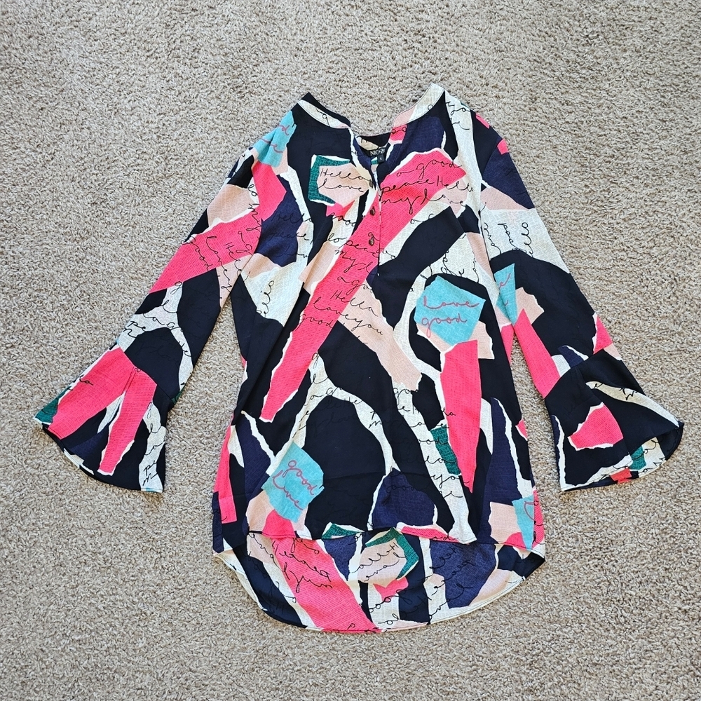NIC+ZOE Womens Navy Printed Split Wear To Work Blouse Small - Picture 8 of 9